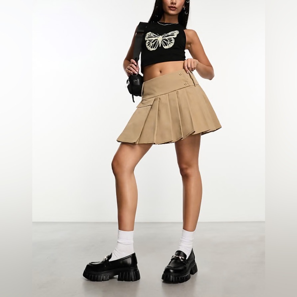 Tan Pleated Mini Skirt